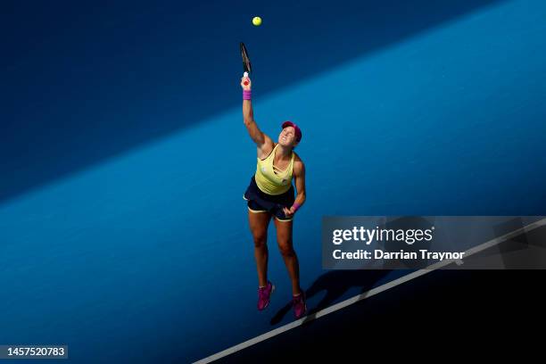 Shelby Rogers of the United States serves in their round two singles match against Aryna Sabalenka during day four of the 2023 Australian Open at...