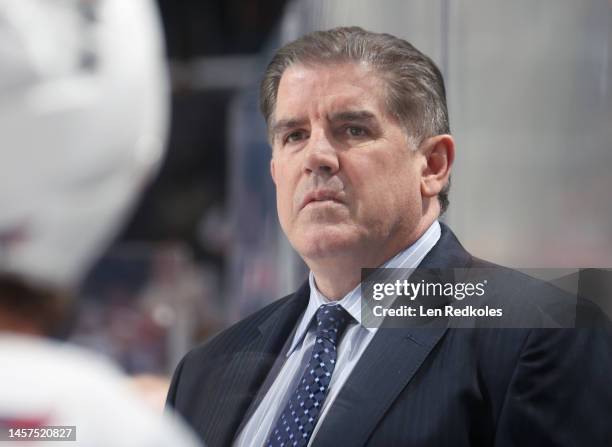 Head Coach of the Washington Capitals Peter Laviolette watches the play on the ice during the first period against the Philadelphia Flyers at the...