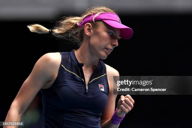 Ekaterina Alexandrova reacts in their round two singles match against Taylor Townsend of the United States during day four of the 2023 Australian...