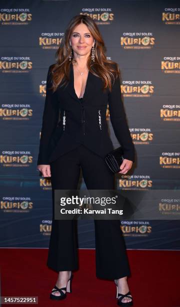 Elizabeth Hurley attends the European Premiere of Cirque du Soleil's "Kurios: Cabinet Of Curiosities" at Royal Albert Hall on January 18, 2023 in...