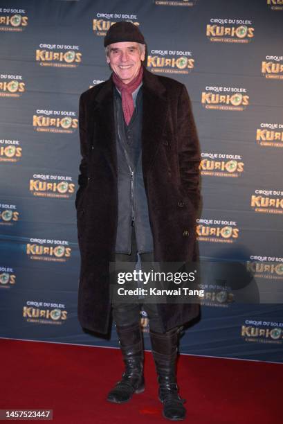 Jeremy Irons attends the European Premiere of Cirque du Soleil's "Kurios: Cabinet Of Curiosities" at Royal Albert Hall on January 18, 2023 in London,...