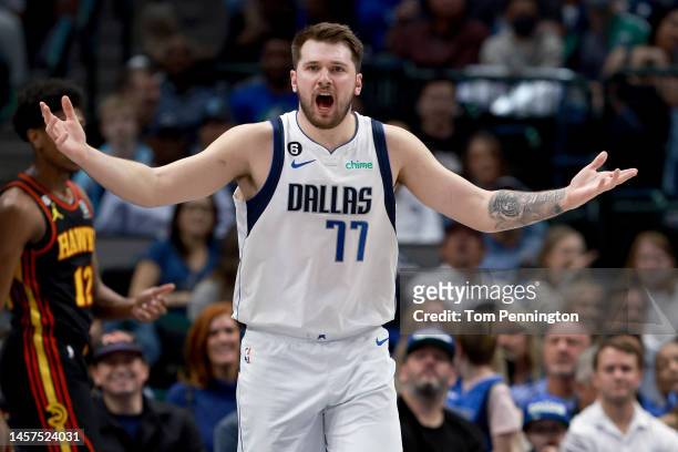 Luka Doncic of the Dallas Mavericks reacts to a call while taking on the Atlanta Hawks in the first quarter at American Airlines Center on January...