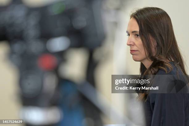 New Zealand Prime Minister Jacinda Ardern arrives to announce her resignation at the War Memorial Centre on January 19, 2023 in Napier, New Zealand.