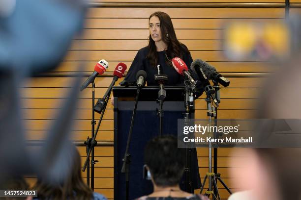 New Zealand Prime Minister Jacinda Ardern announces her resignation at the War Memorial Centre on January 19, 2023 in Napier, New Zealand.