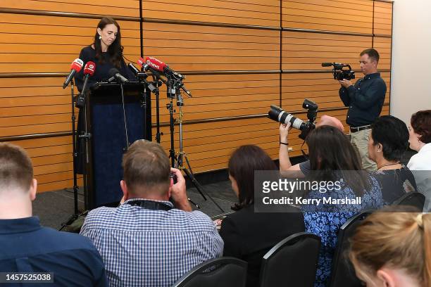 New Zealand Prime Minister Jacinda Ardern announces her resignation at the War Memorial Centre on January 19, 2023 in Napier, New Zealand.