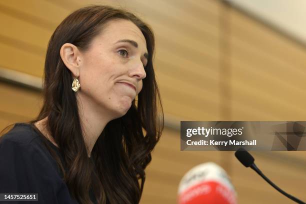 New Zealand Prime Minister Jacinda Ardern announces her resignation at the War Memorial Centre on January 19, 2023 in Napier, New Zealand.