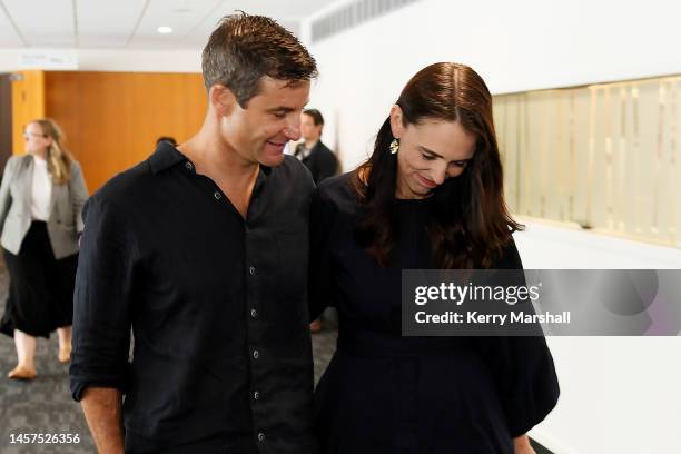 New Zealand Prime Minister Jacinda Ardern and partner Clarke Gayford leave after she announces her resignation at the War Memorial Centre on January...