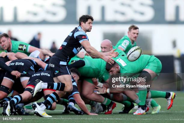 Lloyd Williams of Cardiff Rugby passes the ball out of the scrum during the European Challenge Cup Pool A match between Cardiff Rugby and Newcastle...
