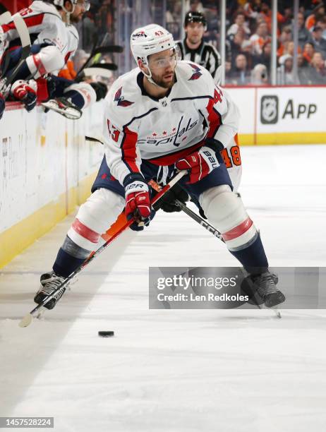 Tom Wilson of the Washington Capitals skates the puck against the Philadelphia Flyers at the Wells Fargo Center on January 11, 2023 in Philadelphia,...