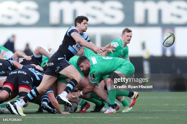 Lloyd Williams of Cardiff Rugby passes the ball out of the scrum during the European Challenge Cup Pool A match between Cardiff Rugby and Newcastle...