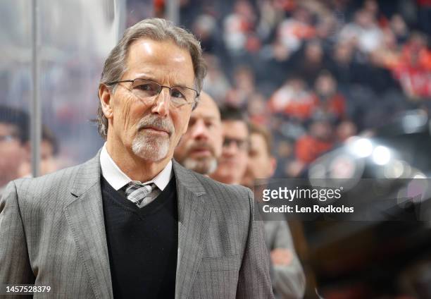 Head Coach of the Philadelphia Flyers John Tortorella watches the play on the ice during the first period against the Washington Capitals at the...