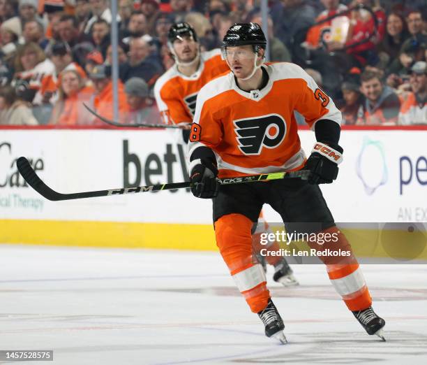 Patrick Brown of the Philadelphia Flyers skates against the Washington Capitals at the Wells Fargo Center on January 11, 2023 in Philadelphia,...