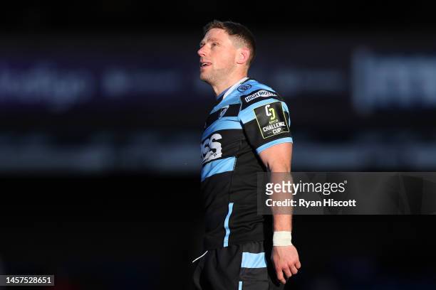 Rhys Priestland of Cardiff Rugby looks on during the European Challenge Cup Pool A match between Cardiff Rugby and Newcastle Falcons at Cardiff Arms...