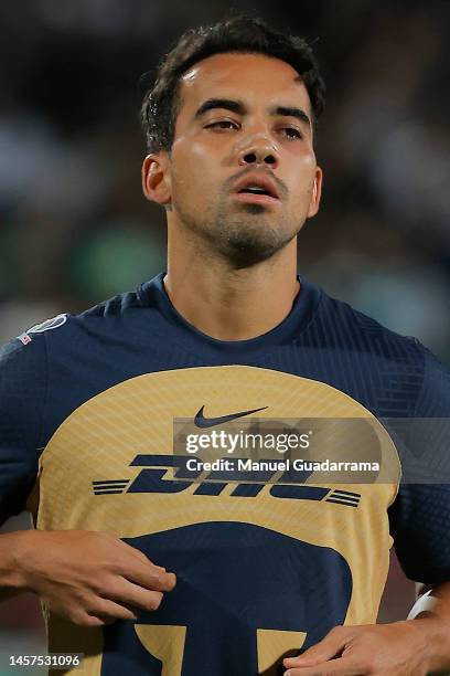 Adrian Aldrete of Pumas looks on during the 2nd round match between Santos Laguna and Pumas UNAM as part of the Torneo Clausura 2023 Liga MX at...