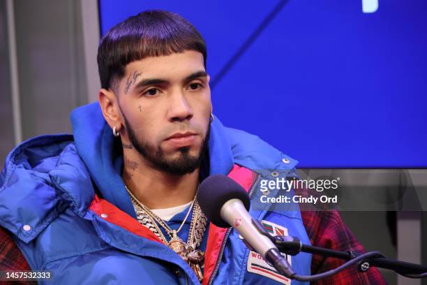 Anuel AA speaks during SiriusXM's Town Hall with Anuel AA hosted by Marisol Vargas at the SiriusXM Studios on January 18, 2023 in New York City.