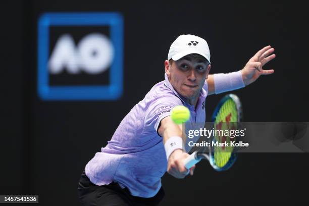 Casper Ruud of Norway plays a backhand in their round two singles match against Jenson Brooksby of the United States during day four of the 2023...