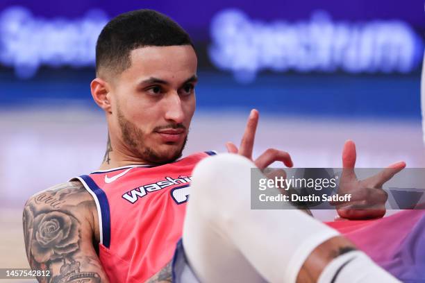 Kyle Kuzma of the Washington Wizards reacts after drawing a foul during the third quarter of the game against the New York Knicks at Madison Square...