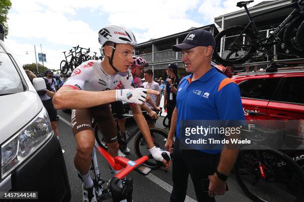 Michael Schar of Switzerland and AG2R Citröen Team and Race director Stuart O'Grady of Australia prior to the 23rd Santos Tour Down Under 2023, Stage...