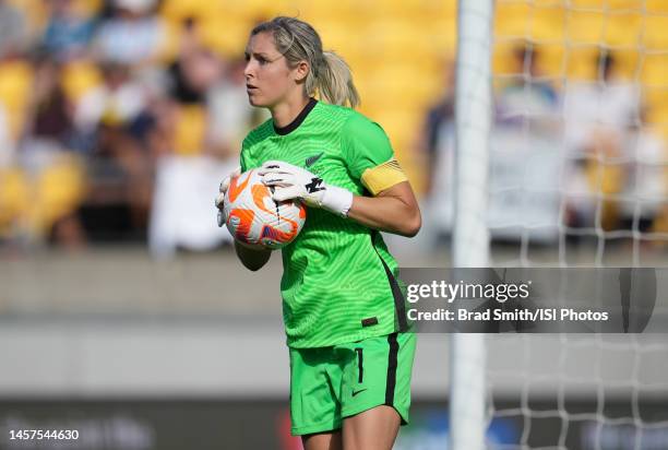 Erin Nayler Goal Keeper of New Zealand during a game between New Zealand and USWNT at Sky Stadium on January 17, 2023 in Wellington, New Zealand.