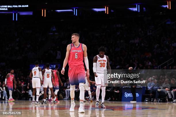 Kristaps Porzingis of the Washington Wizards walks down the court during the fourth quarter of the game against the New York Knicks at Madison Square...