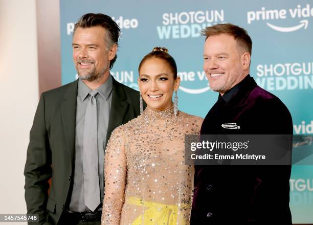 Josh Duhamel, Jennifer Lopez and Jason Moore attend the Los Angeles premiere of Prime Video's "Shotgun Wedding" at TCL Chinese Theatre on January 18,...