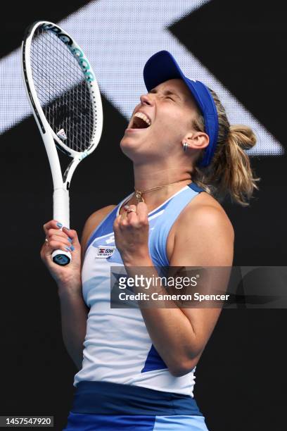 Elise Mertens of Belgium celebrates match point in their round two singles match against Lauren Davis of the United States during day four of the...