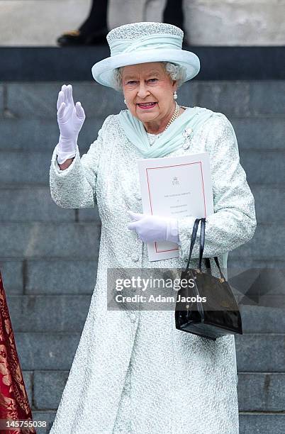 Queen Elizabeth II leaves a Service Of Thanksgiving at St Paul's Cathedral on June 5, 2012 in London, England. For only the second time in its...