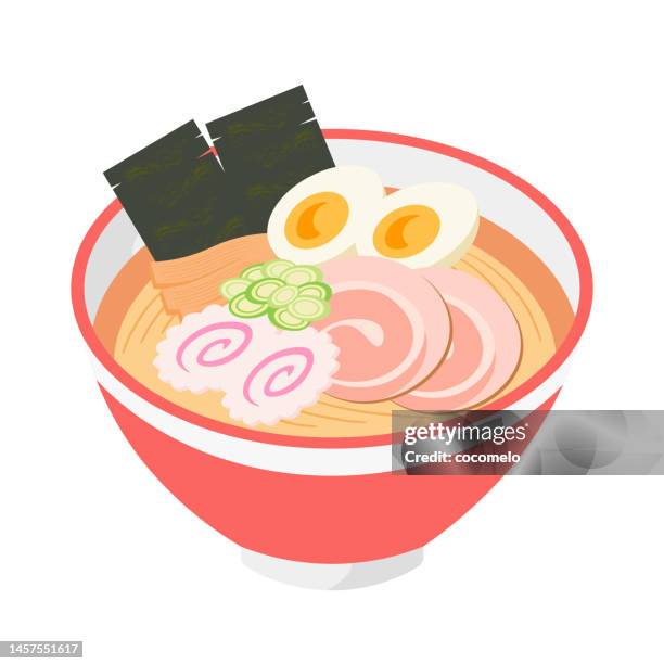 japanese food, ramen. noodle, nori, boiled egg, leeks, menma, naruto, char-siu pork. - ramen noodles stock illustrations