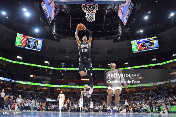 Ja Morant of the Memphis Grizzlies goes to the basket during the first half of the game against the Cleveland Cavaliers at FedExForum on January 18,...