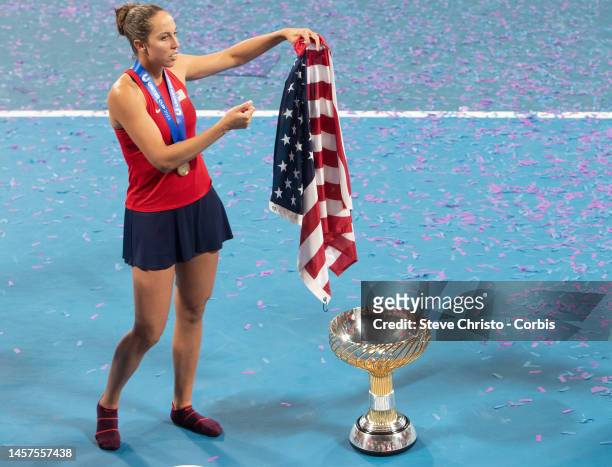 Madison Keys of the United States celebrates winning the finals against Team Italy during day eleven of the 2023 United Cup at Ken Rosewall Arena on...