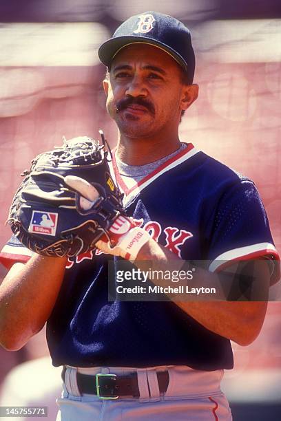 Tony Pena of the Boston Red Sox plays catch before a baseball game against Toronto Blue Jays on April 22, 1991 at Fenway Park in Boston, Massachusetts
