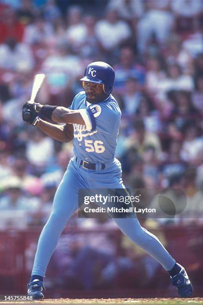 Brian McRae of the Kansas City Royals takes a swing during a baseball game against the Milwaukee Brewers on May 12, 1991 at Milwaukee County Stadium...