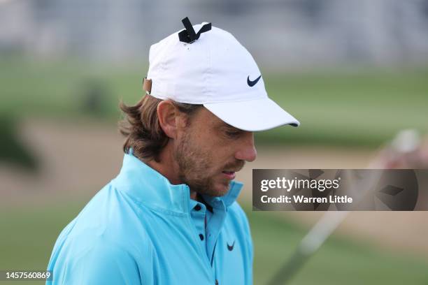 Detailed view of a black ribbon worn by Tommy Fleetwood of England in memory of English golfer Barry Lane during day one of the Abu Dhabi HSBC...