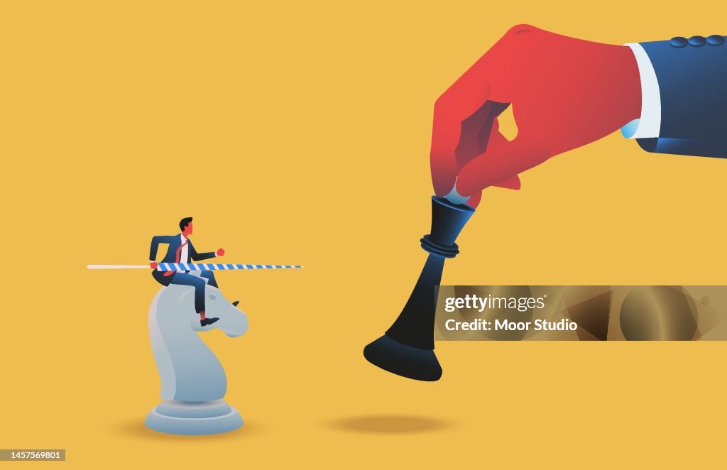 Manager on a chess horse fighting with a queen figure