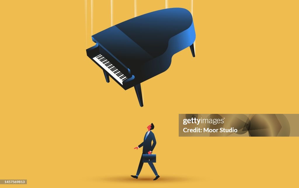 Piano de cola cayendo sobre una ilustración de hombre.