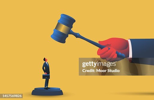 Judge hiiting tiny man by gavel Judge hiiting tiny man by gavel