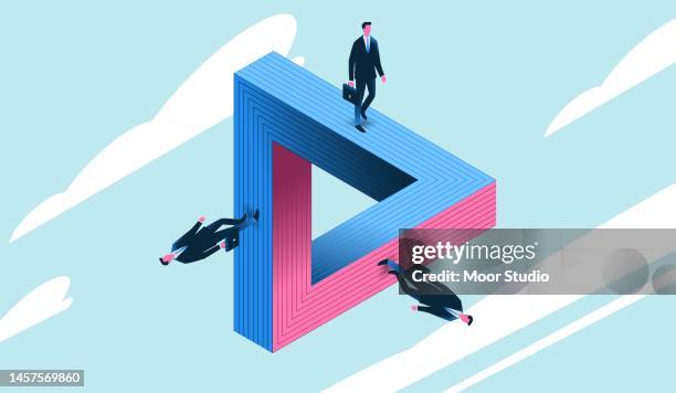 business people on endless triangle illustration. - pov walking stock illustrations