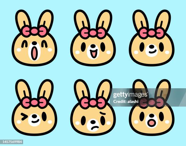 cute facial expression icon of the rabbit wearing a hair bow - tired smiley face stock illustrations