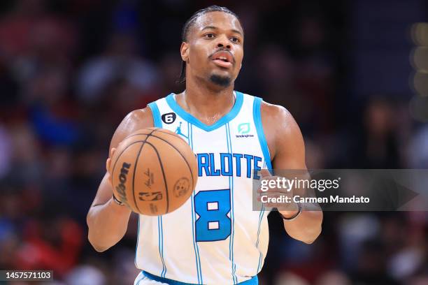 Dennis Smith Jr. #8 of the Charlotte Hornets in action against the Houston Rockets during the second half at Toyota Center on January 18, 2023 in...