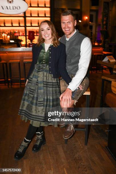 Nele Schenker and her partner Hannes Ocik attend the 15th Angermaier Ice Stick Shooting at Park Cafe on January 18, 2023 in Munich, Germany.