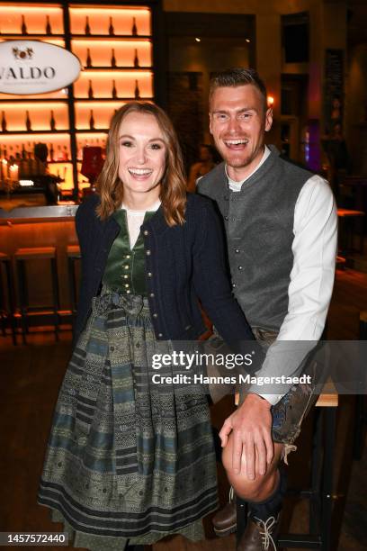 Nele Schenker and her partner Hannes Ocik attend the 15th Angermaier Ice Stick Shooting at Park Cafe on January 18, 2023 in Munich, Germany.