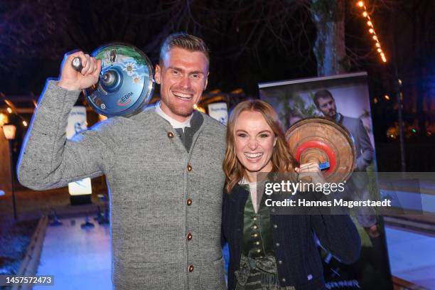 Nele Schenker and her partner Hannes Ocik attend the 15th Angermaier Ice Stick Shooting at Park Cafe on January 18, 2023 in Munich, Germany.