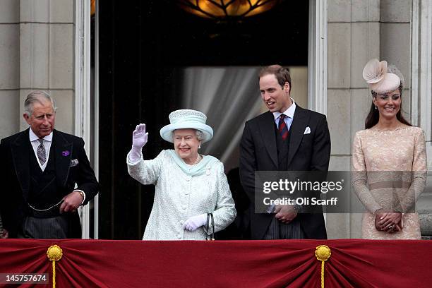 Prince Charles, Prince of Wales, Queen Elizabeth II, Prince William, Duke of Cambridge and Catherine, Duchess of Cambridge on the balcony of...