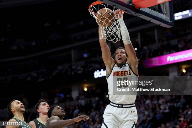 Aaron Gordon of the Denver Nuggets dunks againstthe Minnesota Timberwolves in the fourth quarter at Ball Arena on January 18, 2023 in Denver,...