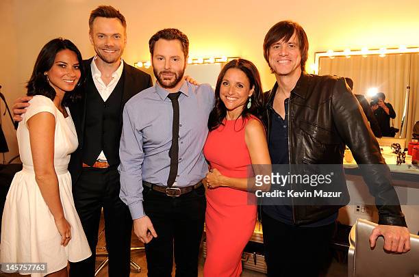 Olivia Munn, Joe McHale, Airtime Co-founder and Executive Chairman Sean Parker, Julia Louis-Dreyfus and Jim Carrey backstage at the Airtime Launch...