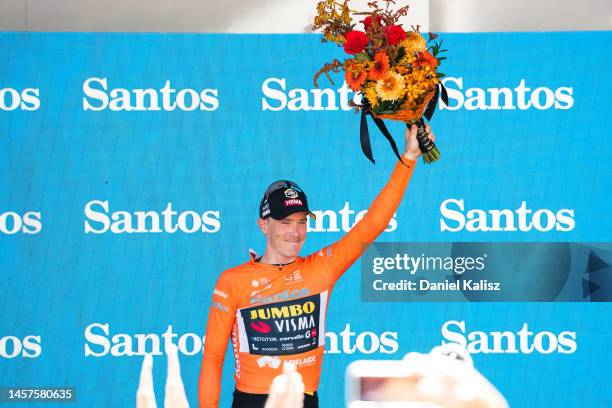 Rohan Dennis of Australia and Team Jumbo-Visma celebrates on the podium after winning stage two of the 23rd Santos Tour Down Under 2023 on January...