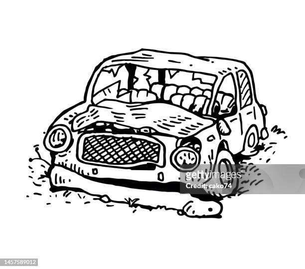 illustrazioni stock, clip art, cartoni animati e icone di tendenza di vecchia auto abusata disegnata a mano - cartoon tire