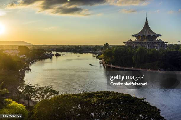 view of kuching waterfront in kuching, sarawak, malaysia - kuching sarawak stock pictures, royalty-free photos & images