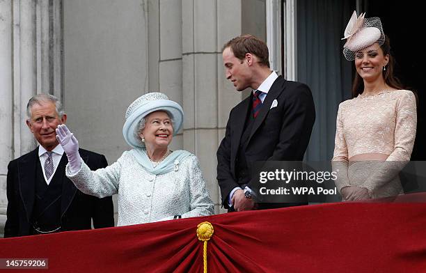 Prince Charles, Prince of Wales, Queen Elizabeth II, Prince William, Duke of Cambridge and Catherine, Duchess of Cambridge on the balcony of...