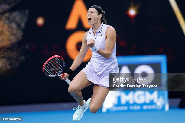 Caroline Garcia of France celebrates winning match point in their round two singles match against Leylah Fernandez of Canada during day four of the...